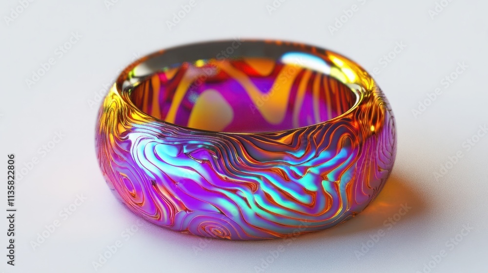 Poster a vibrant holographic ring with intricate glowing patterns and metallic gradients, creating a futuri