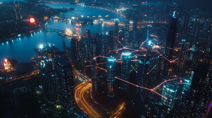 Obraz premium Smart digital Innovation city with connection network reciprocity over the cityscape. of future smart wireless digital city and social media networking systems that connects people with in city