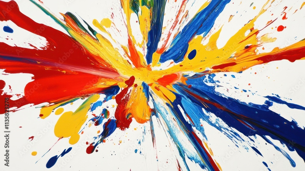 Poster a bold explosion of paint in primary colors, creating a dynamic and abstract burst, isolated on whit