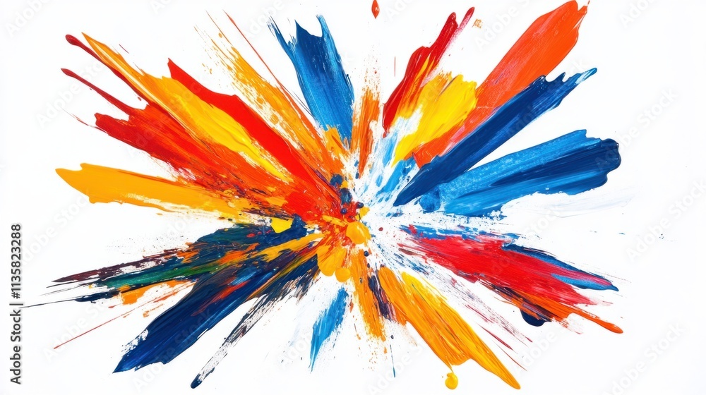 Poster a bold explosion of paint in primary colors, creating a dynamic and abstract burst, isolated on whit