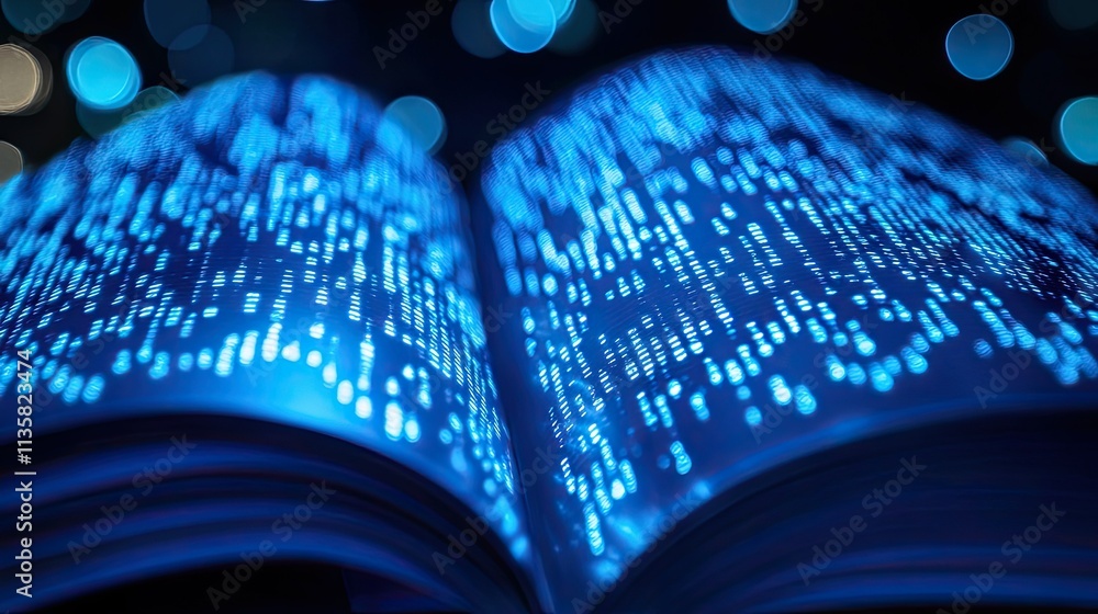 Aufkleber glowing open book with digital light patterns against a blurry background, symbolizing knowledge, in
