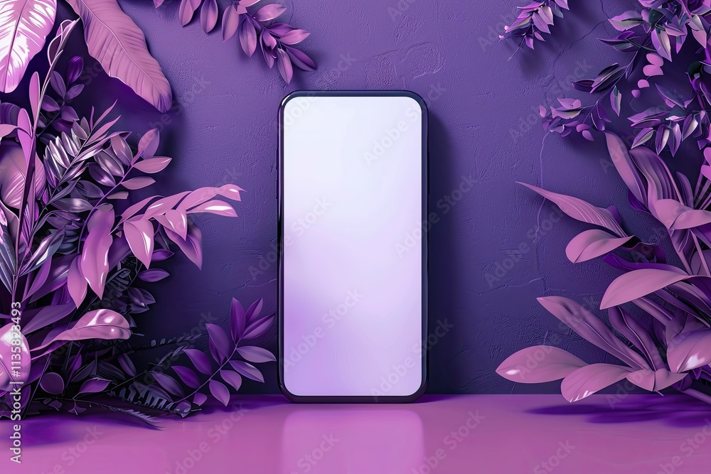 Poster 3d rendering of smartphone mockup with purple background and abstract leaves
