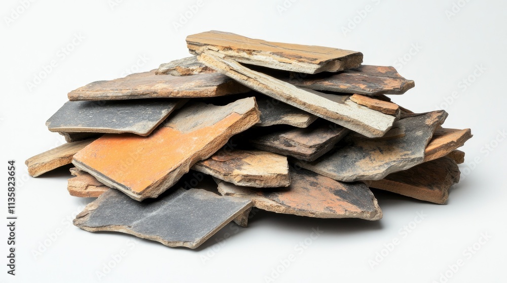 Poster pile of weathered terracotta tiles with earthy tones and unique textures perfect for creative design