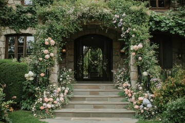 Naklejka premium Stone Steps Entrance Adorned With Lush Floral Archway