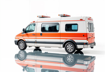 An ambulance car on a glass floor on a white background.