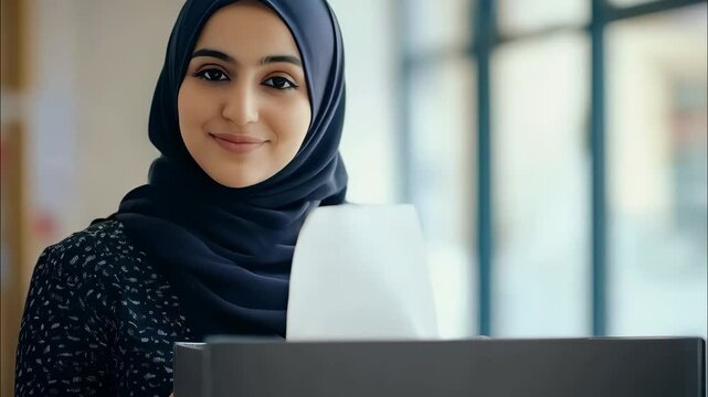 A young Muslim woman in hijab casting her vote in a polling location. A young Arab woman in a hijab confidently casts her vote at a polling station.
