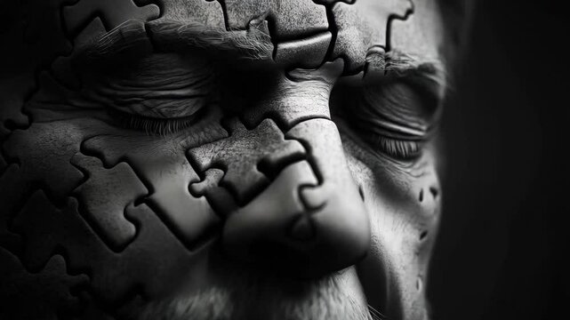 Portrait of the man made of puzzle pieces, creative psychological concept. Man's face with closed eyes composed of interlocking puzzle pieces, in black and white.