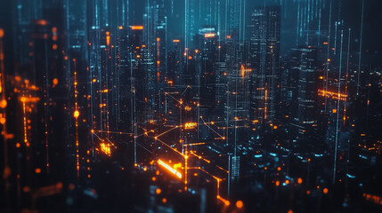 Fototapeta premium Smart digital Innovation city with connection network reciprocity over the cityscape. of future smart wireless digital city and social media networking systems that connects people with in city