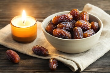 bowl of vibrant dates placed beside glowing candle on rustic wooden table under warm light