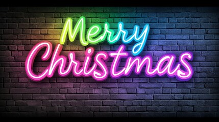 Festive Rainbow Neon Merry Christmas Sign on Brick Wall