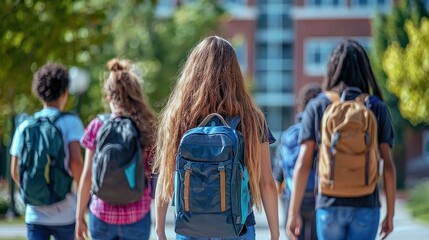 Obraz premium A group of students walking towards a school building with backpacks, excited for the new school year