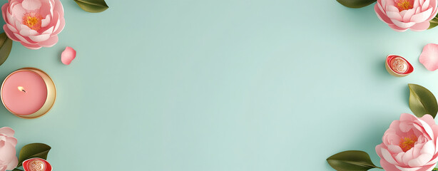 serene flat lay of pink flowers, candles, and petals on mint green background, perfect for relaxation and celebration