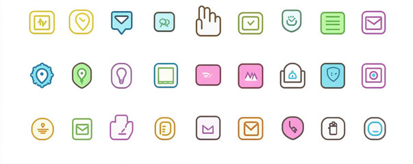 large set of colorful icons including hand, chat, checkmark, and more, perfect for digital design