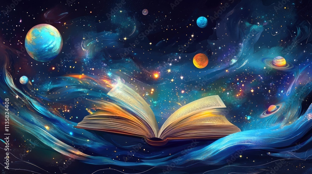 Poster enchanted book floating in cosmic space surrounded by colorful planets and starlit galaxy, illustrat