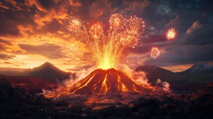 Volcano Eruption with Fireworks: A majestic and fiery volcanic eruption illuminates the night sky with a breathtaking display of fireworks, creating a captivating spectacle of nature's raw power. 
