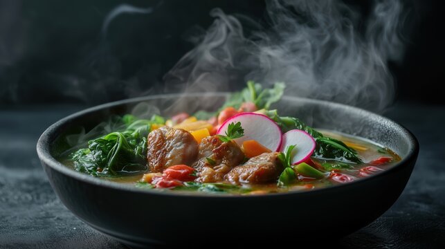 A Filipino pork sinigang soup served in a rich tang. Pork Sinigang is a delightful sour soup made with pork ribs, vegetables, and tamarind-flavored broth.