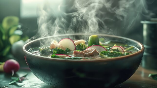 A Filipino pork sinigang soup served in a rich tang. Pork Sinigang is a delightful sour soup made with pork ribs, vegetables, and tamarind-flavored broth.