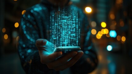 Innovative technology concept with a person holding a smartphone displaying digital binary code stream against a blurred city night background
