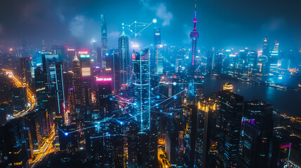 Fototapeta premium Smart digital Innovation city with connection network reciprocity over the cityscape. of future smart wireless digital city and social media networking systems that connects people with in city