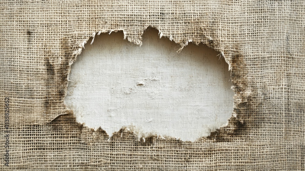 Poster torn burlap fabric with a blank space revealing white canvas underneath, showcasing a rustic texture