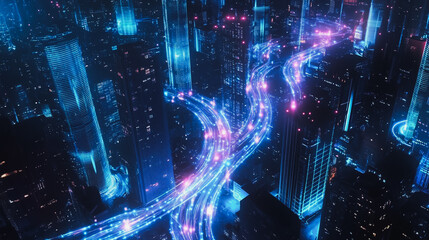 Obraz premium Smart digital Innovation city with connection network reciprocity over the cityscape. of future smart wireless digital city and social media networking systems that connects people with in city