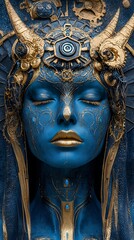 Obraz premium Blue Woman Futuristic Portrait Gold Cosmic Accents Intricate Artistic Design Illustration