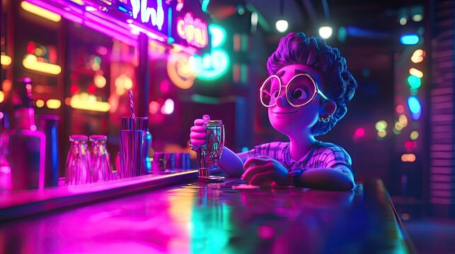 Cartoon character enjoys a drink at a vibrant bar.