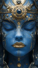 Futuristic Blue Woman Portrait Cosmic Gold Design Hyper-Detailed Art Creation Illustration