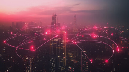 Fototapeta premium Smart digital Innovation city with connection network reciprocity over the cityscape. of future smart wireless digital city and social media networking systems that connects people with in city