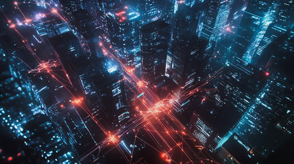 Fototapeta premium Smart digital Innovation city with connection network reciprocity over the cityscape. of future smart wireless digital city and social media networking systems that connects people with in city
