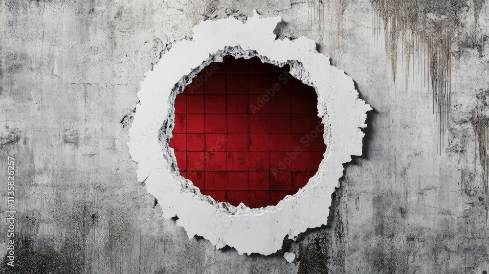 Poster abstract view of a broken wall showing red background through a crumbling white surface, symbolizing