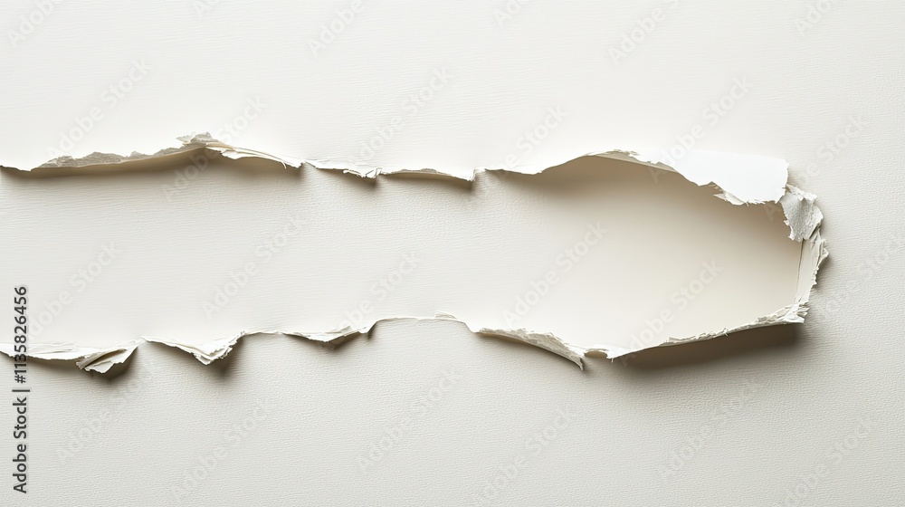 Poster torn white paper with rough edges on a light surface, creating a visual contrast and depth, ideal fo
