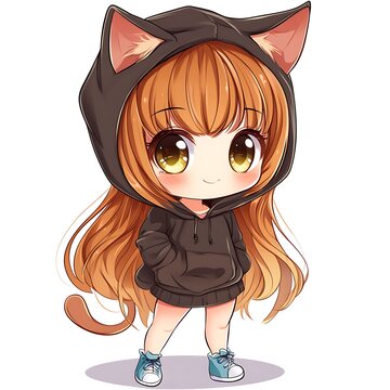 Cute chibi girl with cat ears and hoodie. Kawaii anime character.