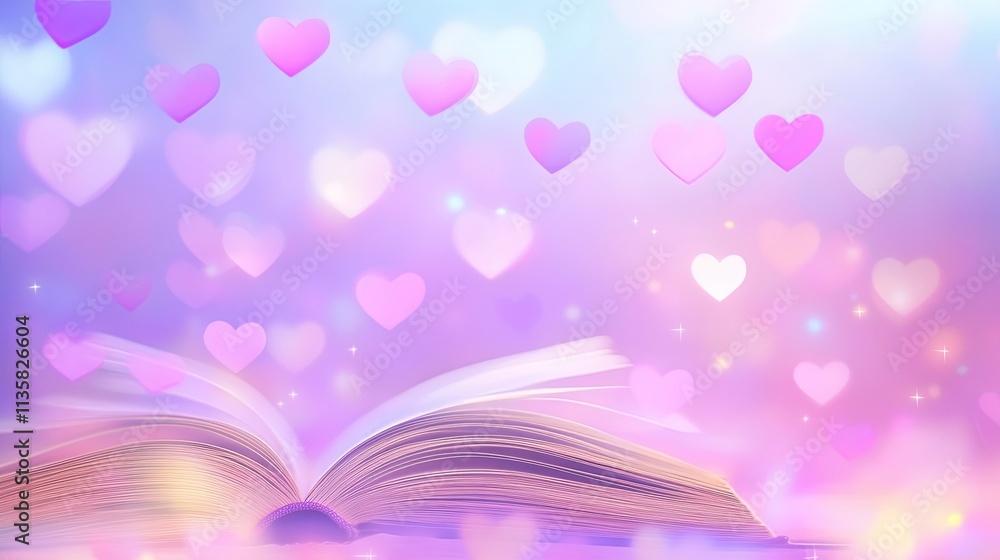 Poster open book surrounded by floating hearts in a dreamy soft purple background with bokeh effects for ro