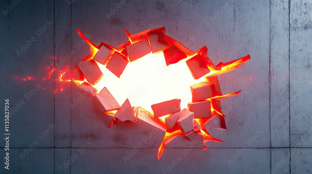 Aufkleber dynamic burst effect through concrete wall showing bright light with shattered pieces and glowing ed