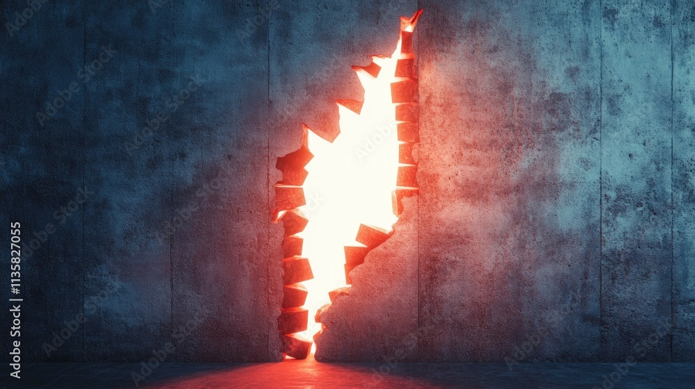 Aufkleber abstract scene of a glowing crack in a concrete wall, representing breaking boundaries and emerging 