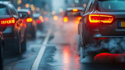 Closeup car exhaust pipe with visible CO2 smoke billowing out. Carbon emissions and global warming. Environmental problem with diesel and fossil fuels burning. Dioxide impact from urban traffic jams. 