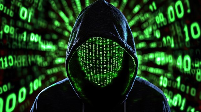 Mysterious Hacker Figure in Hooded Cloak Surrounded by Glowing Binary Code Representing Cybersecurity Threats and Digital Transformation in Technology