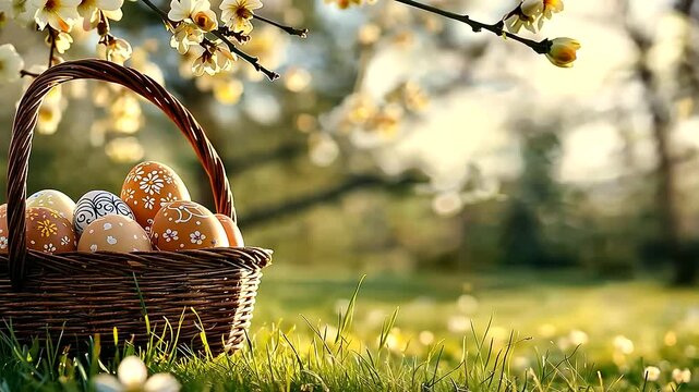 Easter Eggs in Wicker Basket on Grass in Sunny Orchard