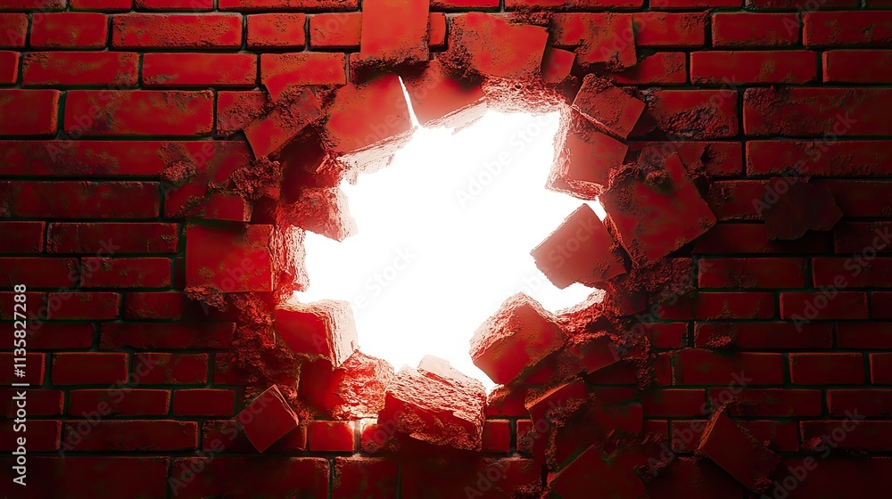 Poster dramatic break through red brick wall with bright light emerging from cracks creating a sense of esc