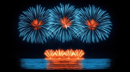 A stunning fireworks display featuring vibrant blue and red explosions, perfectly reflected on the calm water surface during a night celebration.