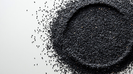A close-up shows a pile of black sesame seeds on a white background with a round space in the center.