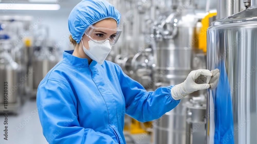 Poster industrial chemist testing advanced compounds for manufacturing with robotic and automation systems