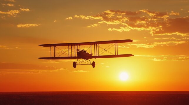 An empty scene featuring blank mockup template filled with the silhouette of the Wright Flyer against a vivid orange sunrise, highlighting its historic first flight, 