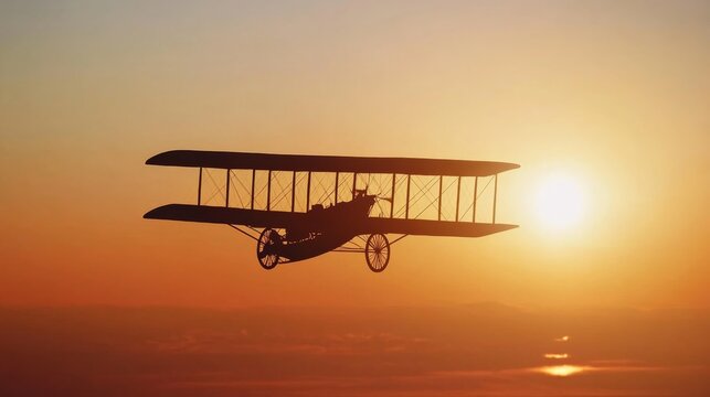 An empty scene featuring blank mockup template filled with the silhouette of the Wright Flyer against a vivid orange sunrise, highlighting its historic first flight, 