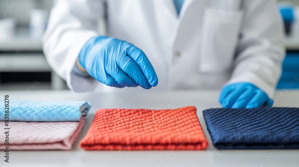 Poster researcher studying compounds for applications in smart textiles and fabric samples in the lab