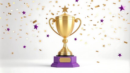 3D illustration of a golden trophy cup on a purple pedestal surrounded by falling golden stars, symbolizing celebration, victory, and achievement for award ceremonies and recognition events.