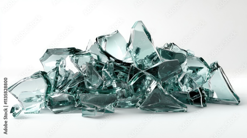 Poster shattered glass pieces piled on white background with sharp edges and reflections, capturing the int