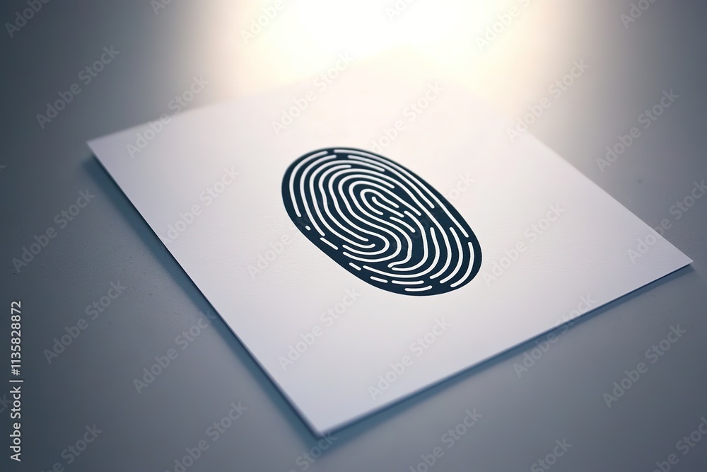 Poster clean flat lay of fingerprint icon printed on paper displayed on smooth matte surface under diffused