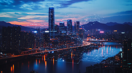 Fototapeta premium Smart digital Innovation city with connection network reciprocity over the cityscape. of future smart wireless digital city and social media networking systems that connects people with in city